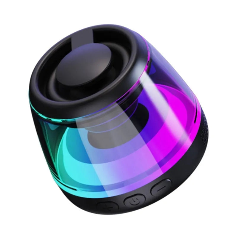 Portable wireless Bluetooth mini speaker with magnetic base and ambient lighting in black or white colour