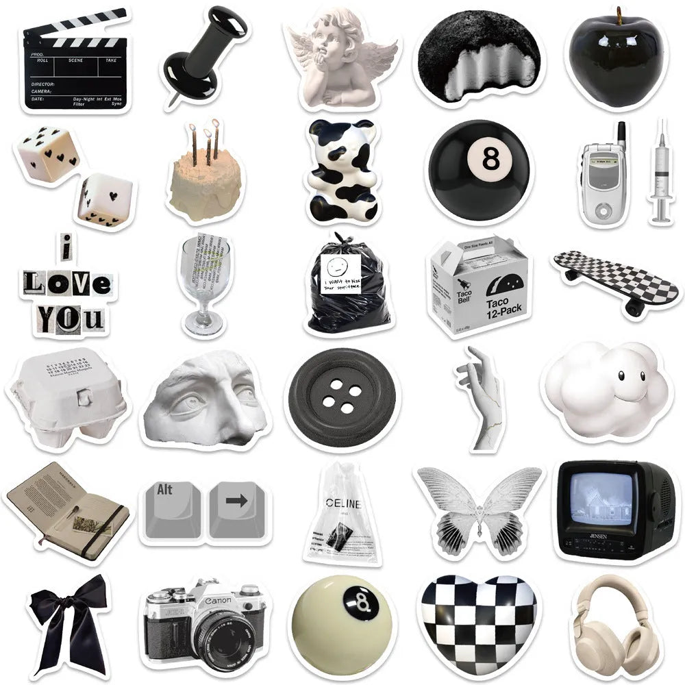 Black and white waterproof sticker sheet with 61 designs for laptop cup phone case decoration