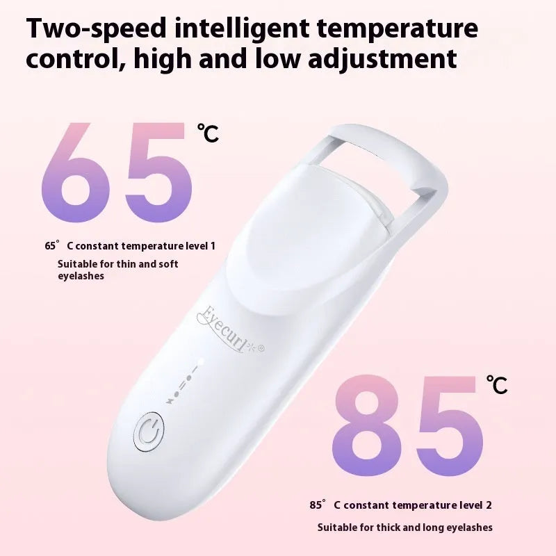 Electric heating eyelash curler with USB-C charging cable in cream white, maca pink, or vanilla apricot colours