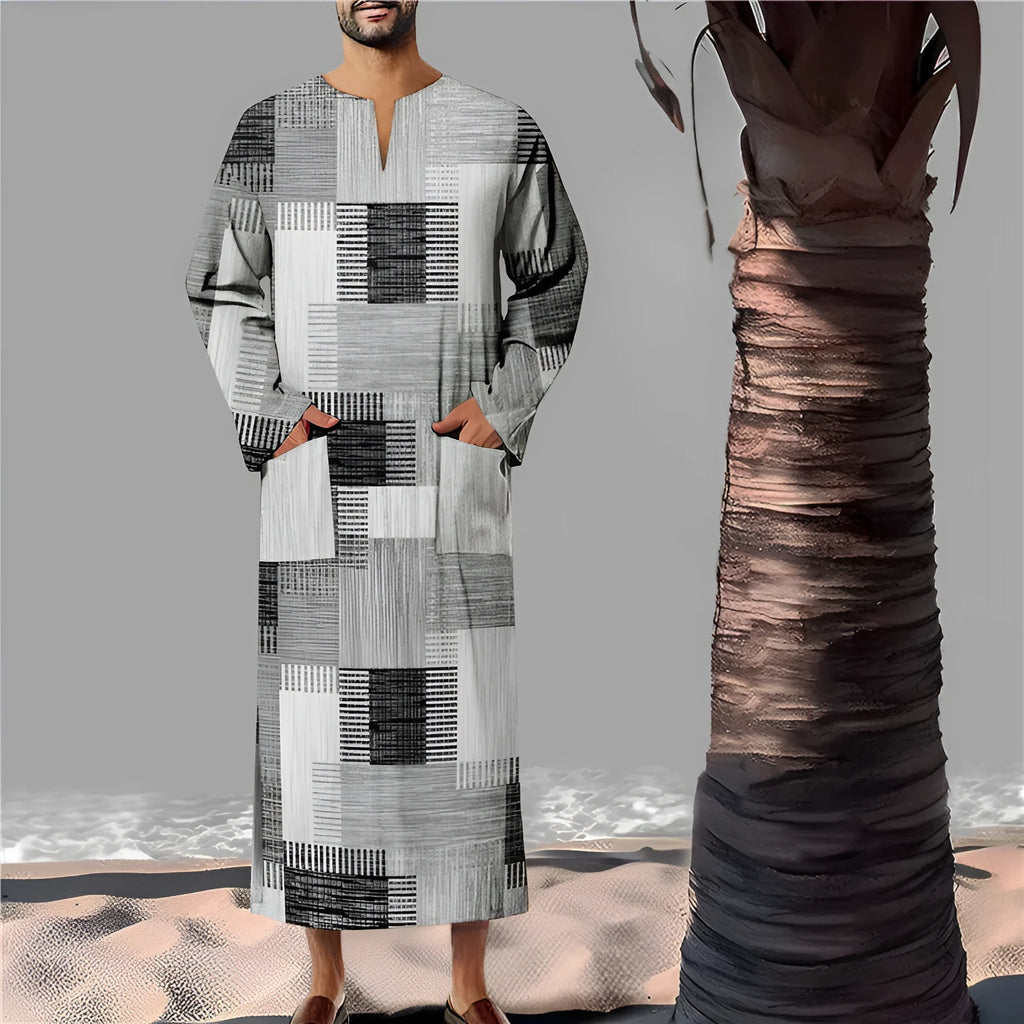 Men's loose bamboo linen robe in colour matching pattern, classic Arabic long style, sizes S to XXXL