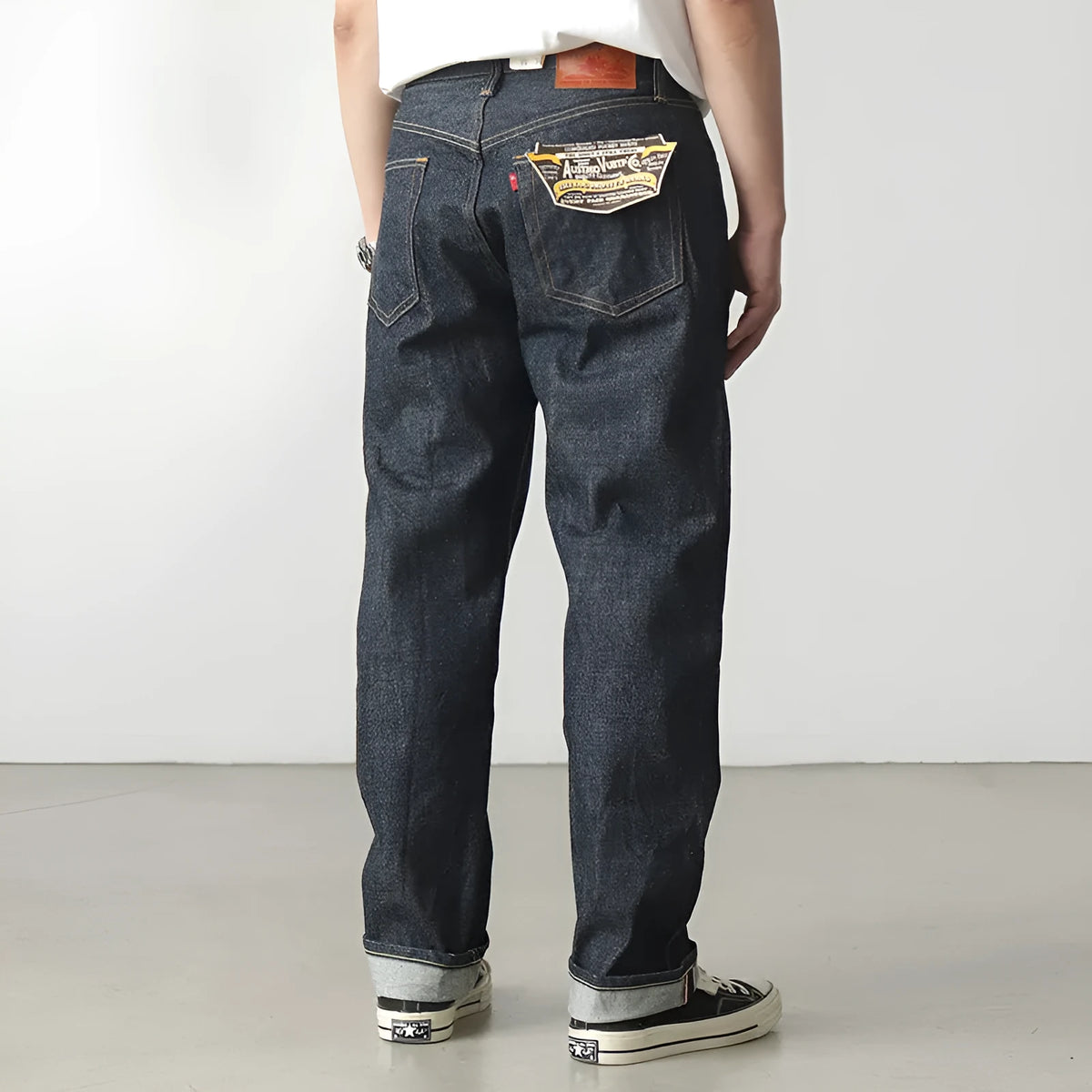 Men's high waist thickened denim trousers in dark indigo, long length, cotton denim, sizes 29-36