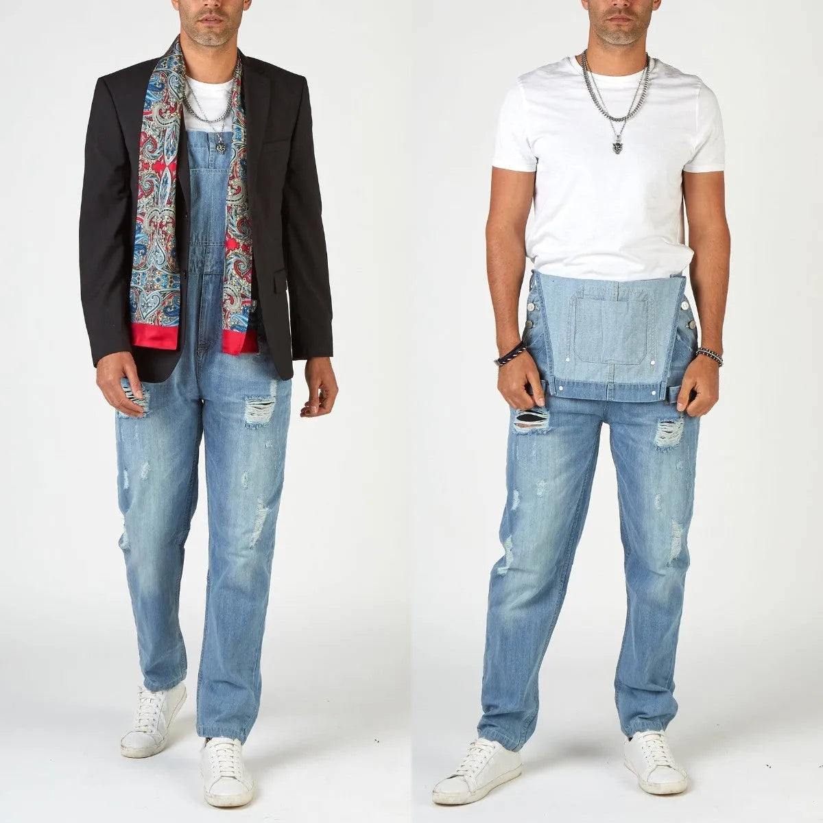 Light blue ripped men's jeans with suspenders, high waist, and straight leg opening.