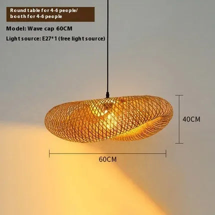 Natural bamboo straw hat shaped hanging chandelier ceiling light on white background.
