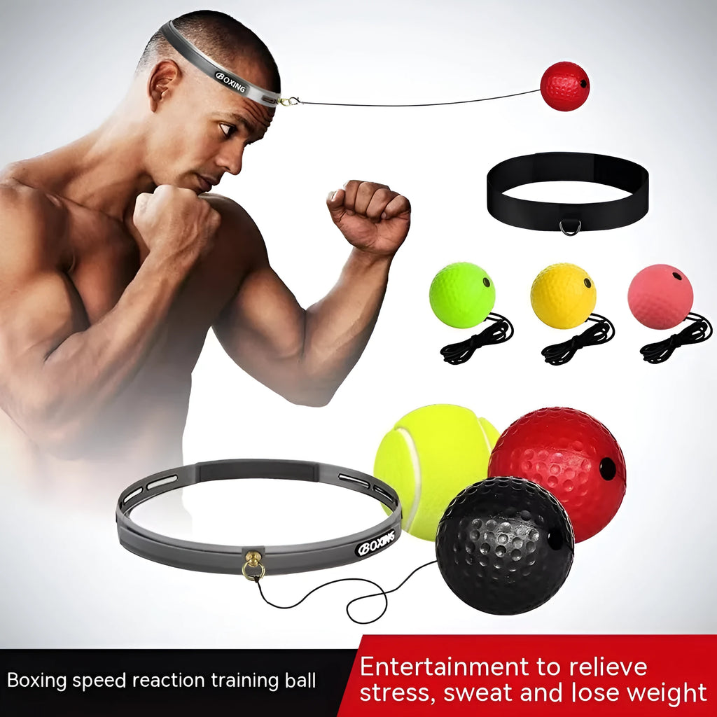 Head-mounted boxing reaction training ball set showing adjustable headbands and different coloured balls.