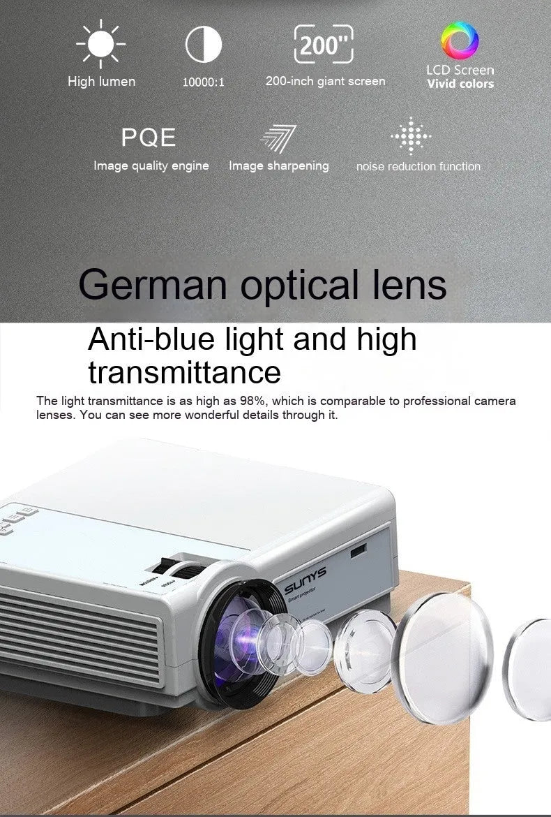 Portable HD projector in white with 1080p resolution and compact 185x199x75mm design