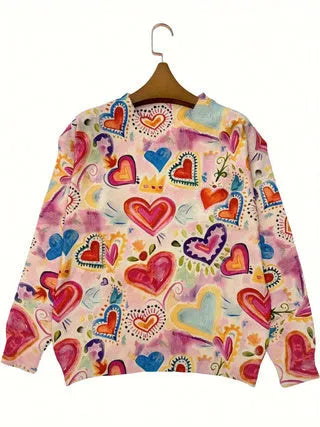 Loose fit digital printed top with lapel collar, shown in a graphic design, available in sizes S to 5XL.