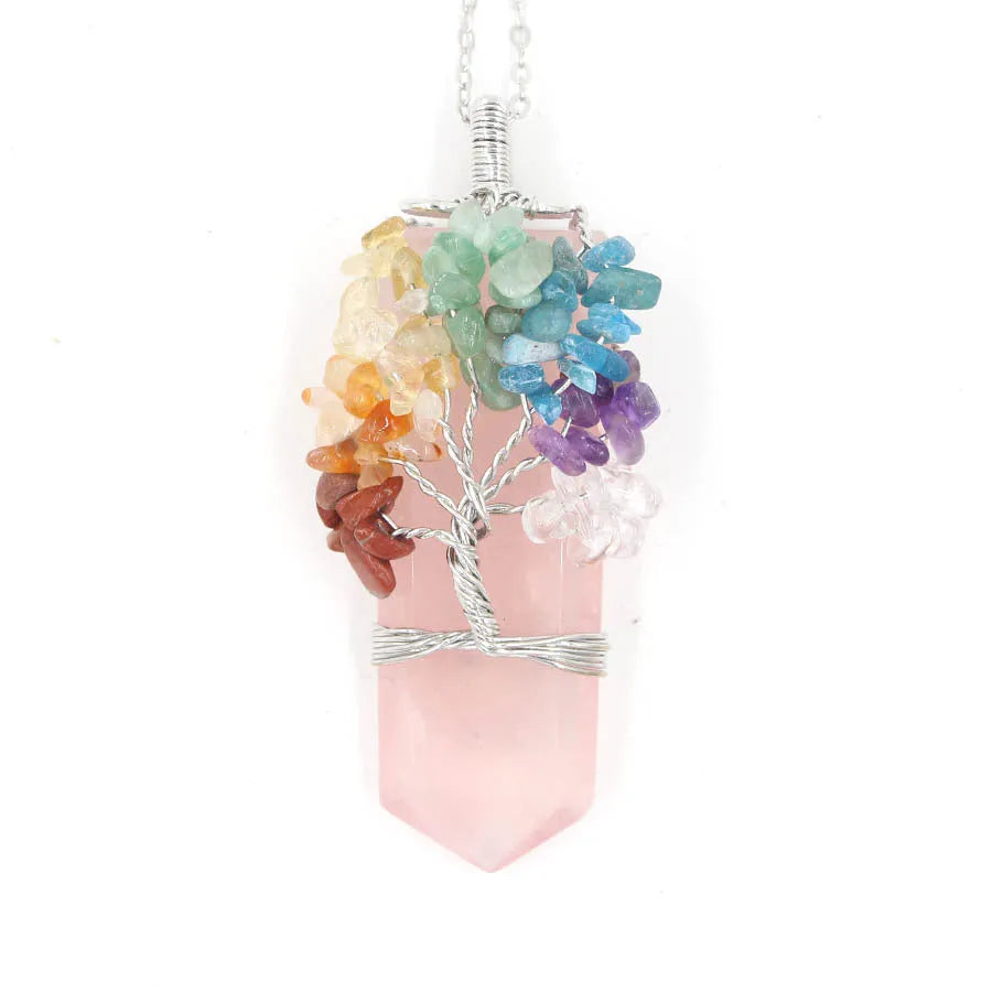 Tree of Life crystal column pendant, 73x30x15mm, unisex, in Amethyst or other listed colours with alloy inlay