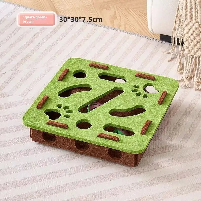 Square felt cat toy box with multiple scratching holes in grey, green brown, or camel white colour options