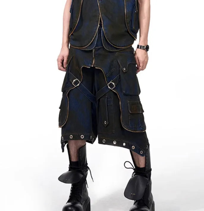 Blue hooded denim vest coat and matching trousers Korean style outfit set