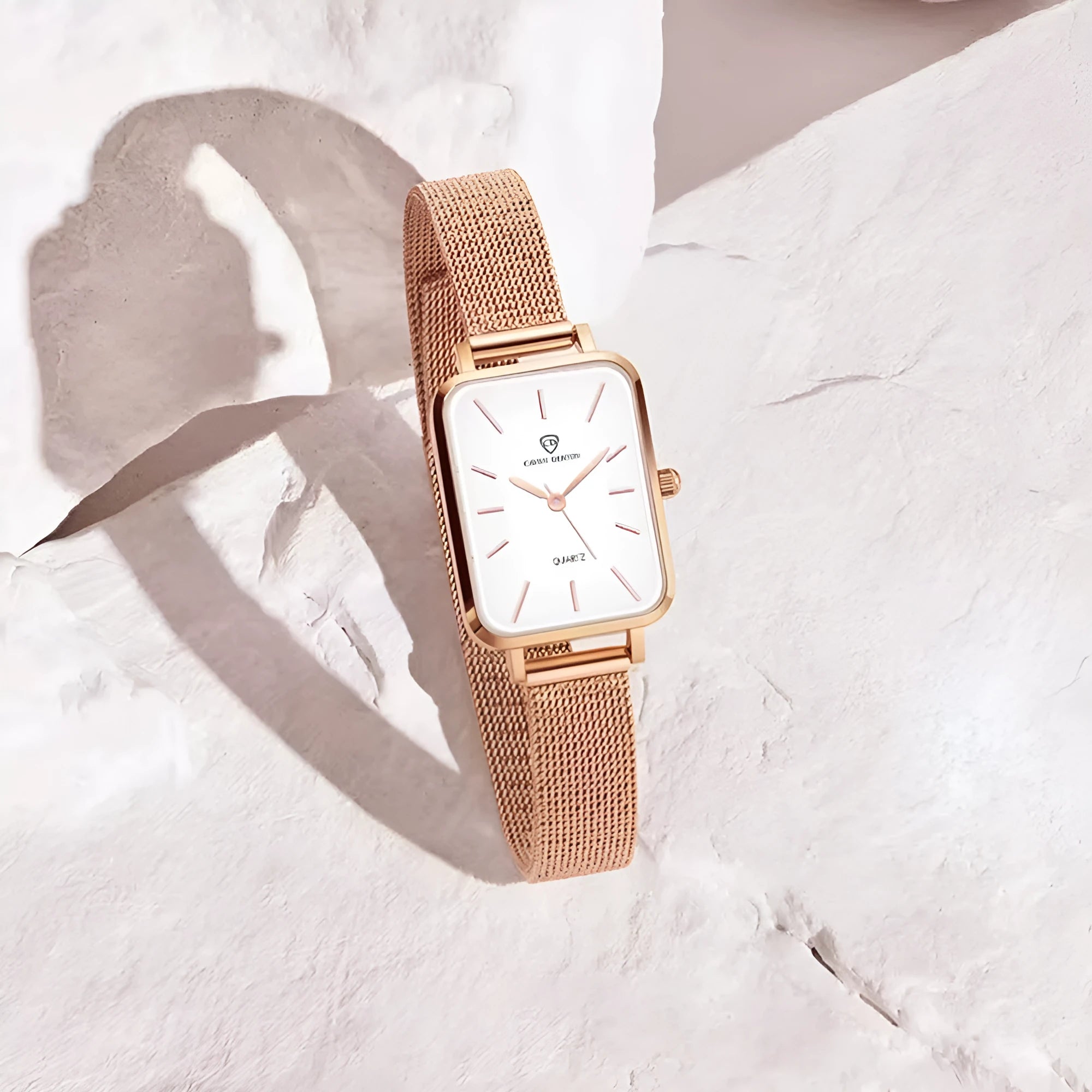 Women's silver waterproof quartz watch with woven steel strap and 34mm alloy case