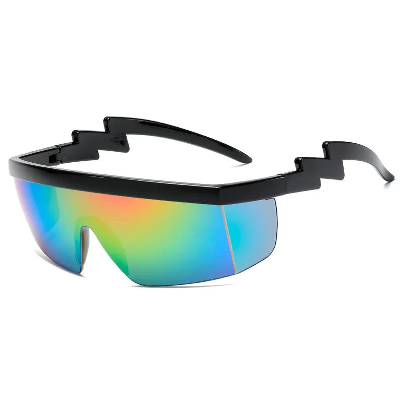 One-piece sports sunglasses with lightning leg side arms in black frame with blue PC lens