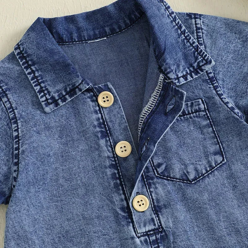 Boys blue cotton short sleeve one-piece romper for summer, western style, sizes 0-3M to 12-18M