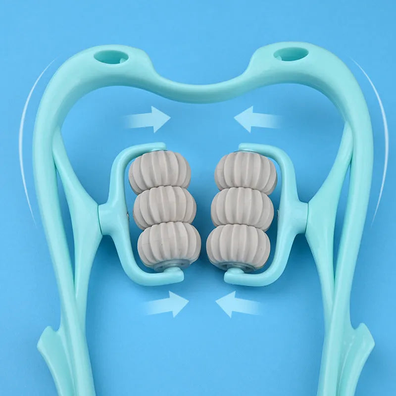 Blue handheld six-wheel massager for neck, shoulder, and waist.