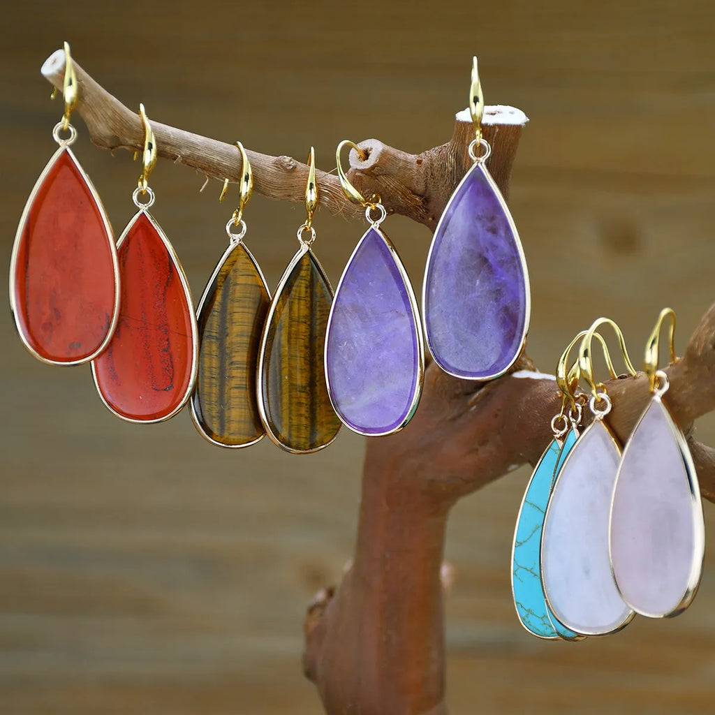 Vintage long water drop stone earrings in five colour options with manual processing