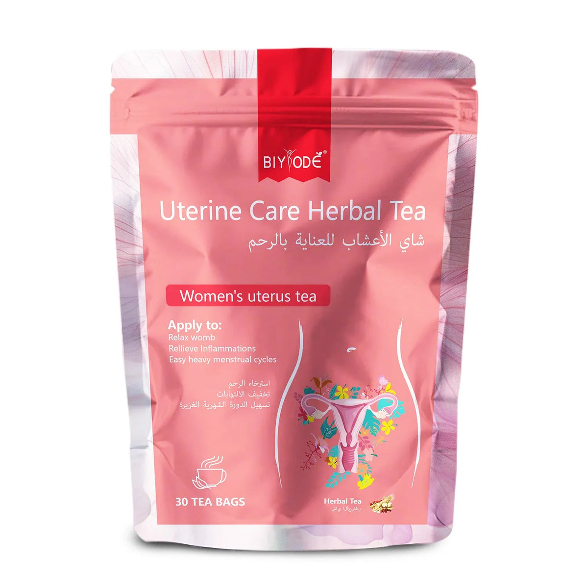 Wholesale uterine care herbal tea bottle with 30 tea bags, OEM/ODM women's wellness supplement by BIYODE, GMP HALAL certified