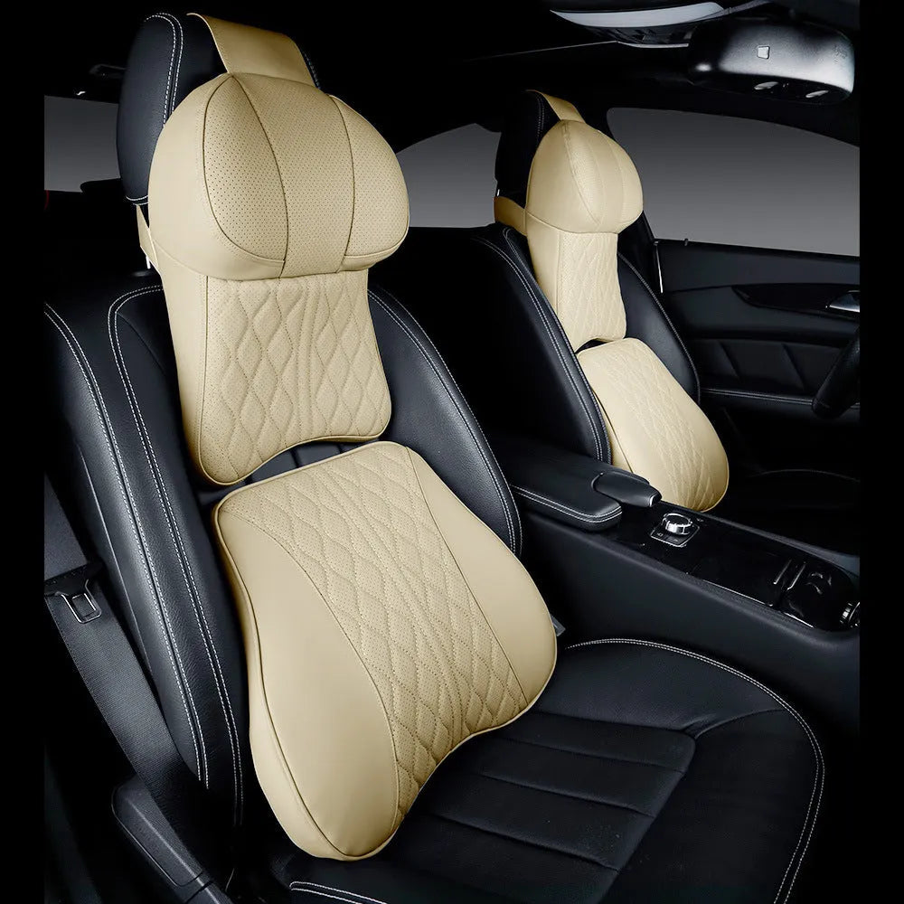 Car neck pillow and lumbar support pillow set with wavy embroidery in a choice of colours.