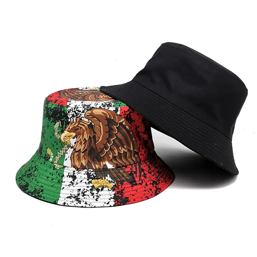 Eagle pattern polyester bucket hat with dome crown in retro style, size M fits 56-58cm