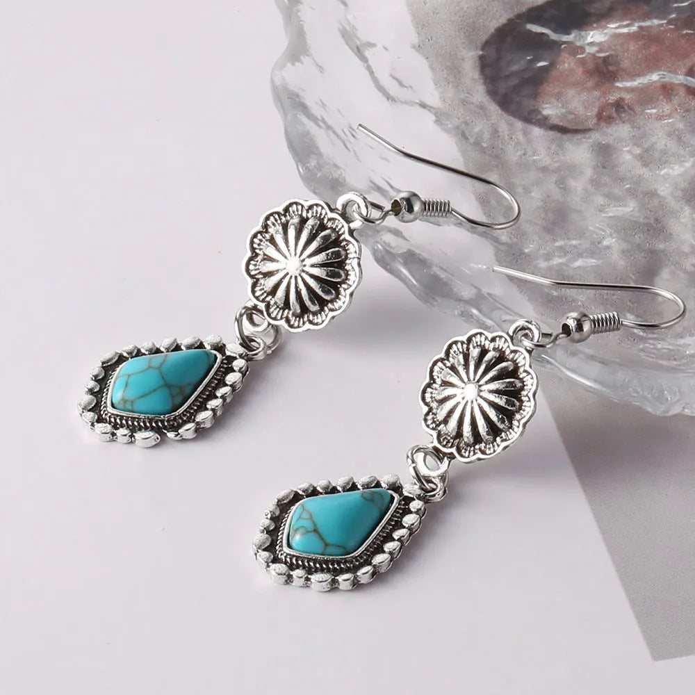 Bohemian Vintage Carved Turquoise Long Earrings with green carved stone drop design