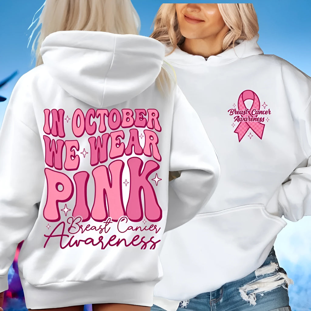 Breast Cancer Awareness hoodie with retro pattern and side pocket in pink, white, khaki, or black.