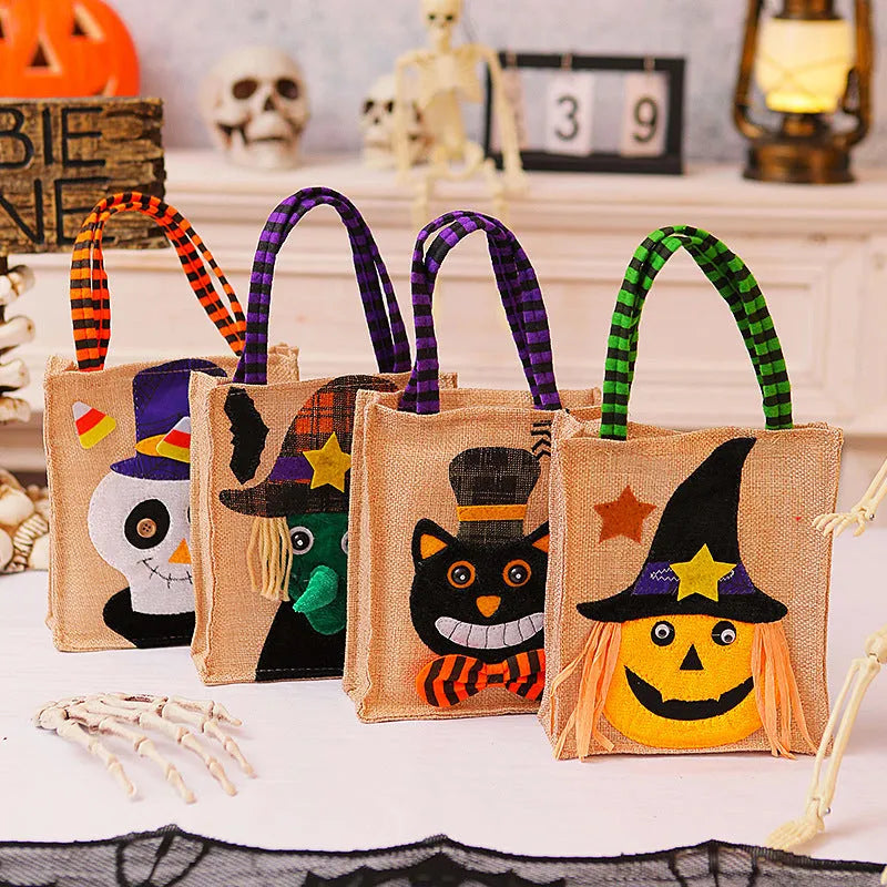 Halloween candy tote bag in linen with witch skull pumpkin and black cat designs for kids