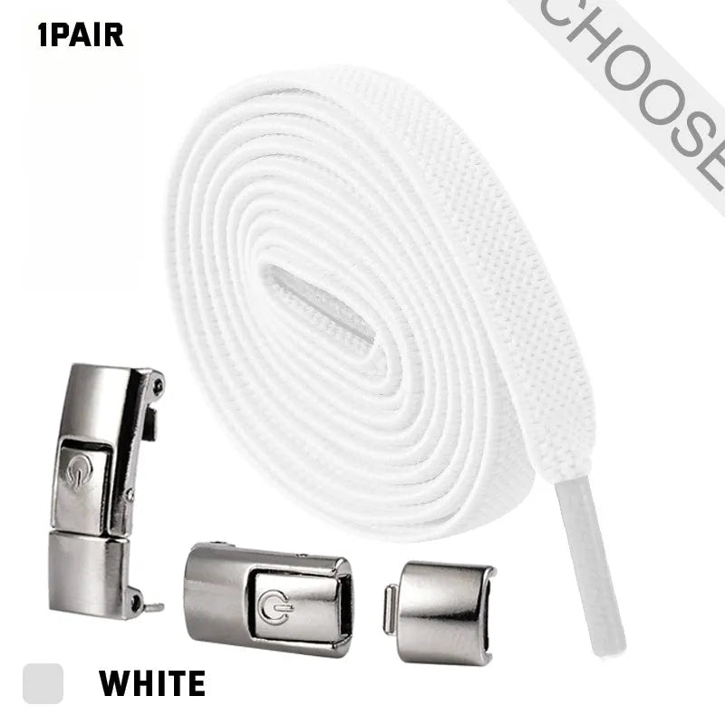 8mm widened flat elastic shoelaces with press lock mechanism in black and white for sneakers