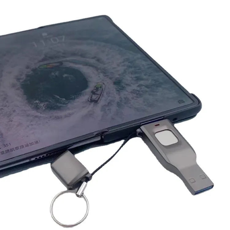Black metal fingerprint encrypted USB flash drive showing USB 3.0 and Type-C connectors
