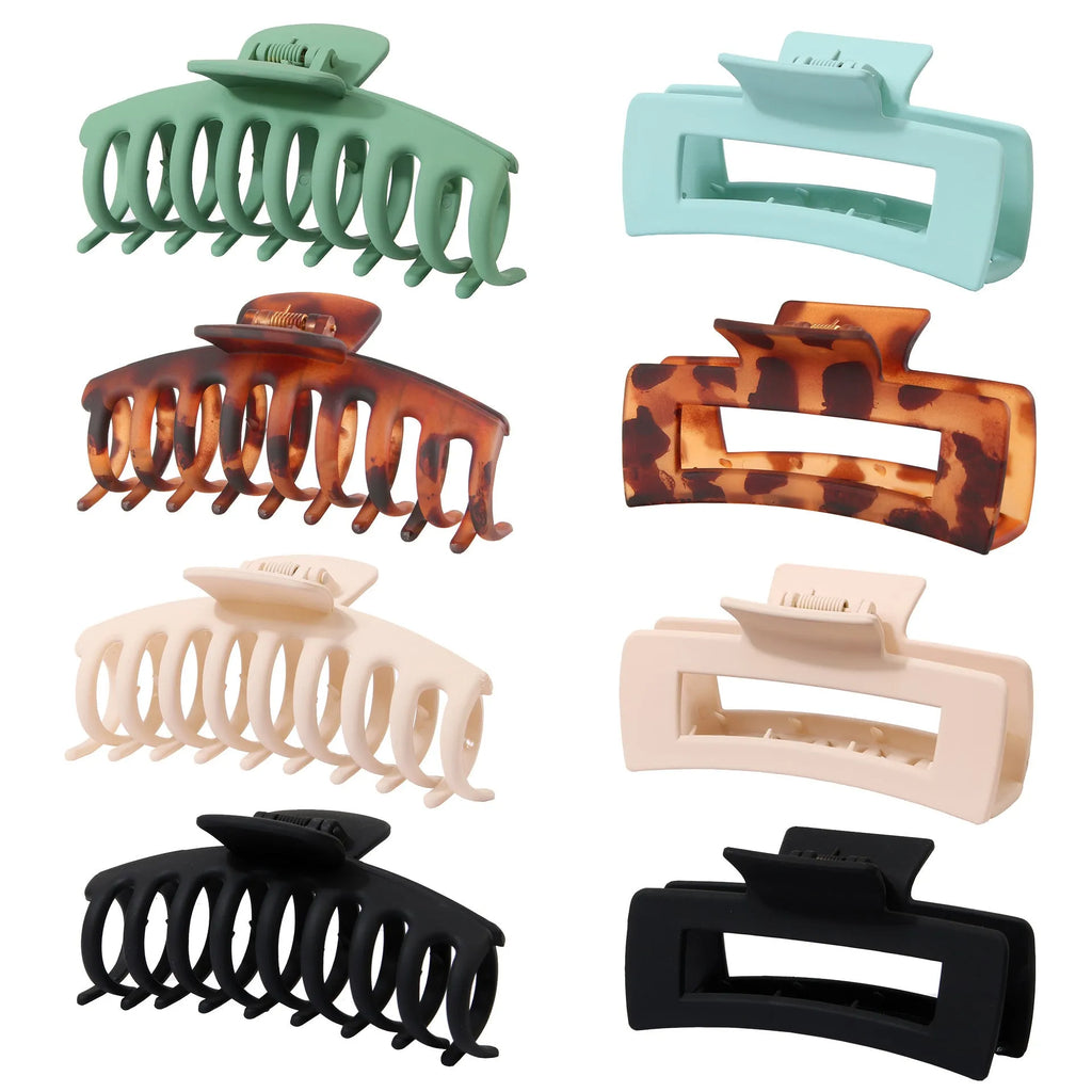 Six rose red and nude plastic hair clips with frosted grips and a quadrilateral shape.