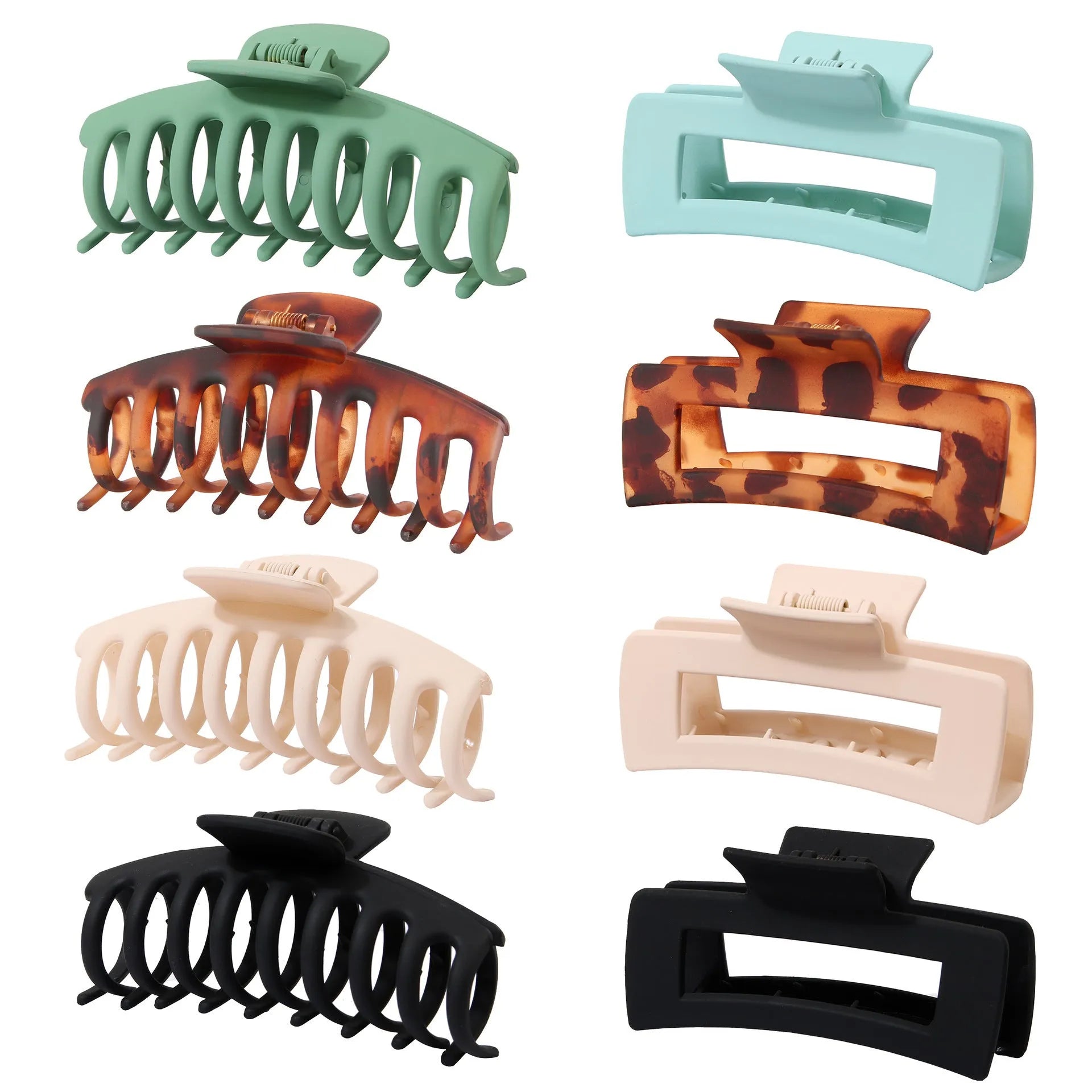 Six rose red and nude plastic hair clips with frosted grips and a quadrilateral shape.