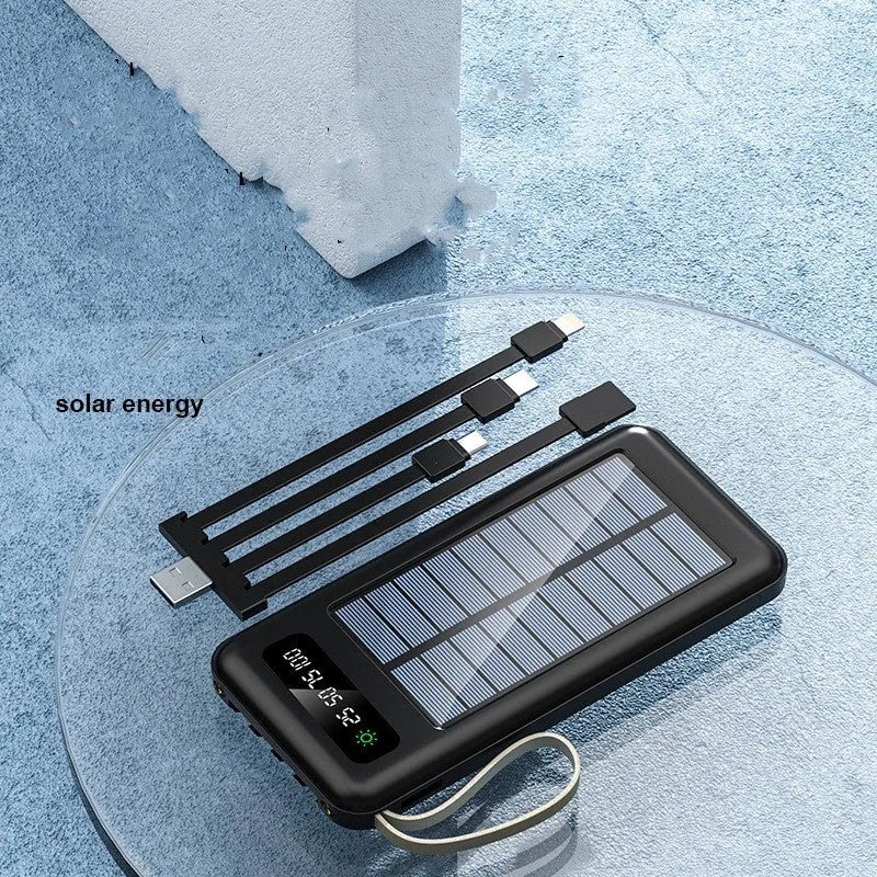 Solar power bank in black or white plastic shell showing dimensions and capacity options