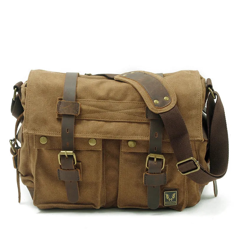 Men's vintage style canvas crossbody shoulder bag with postman design and internal organisation compartments