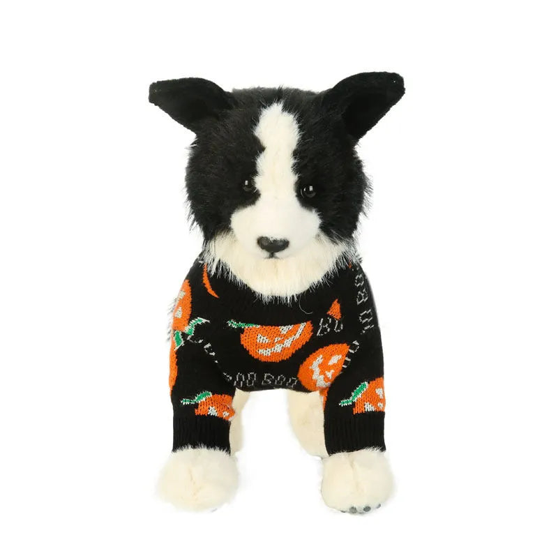 Black Halloween dog sweater with orange pumpkin pattern shown on pet model