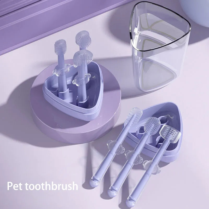 Blue and purple silicone finger toothbrushes for cleaning cat and dog teeth.