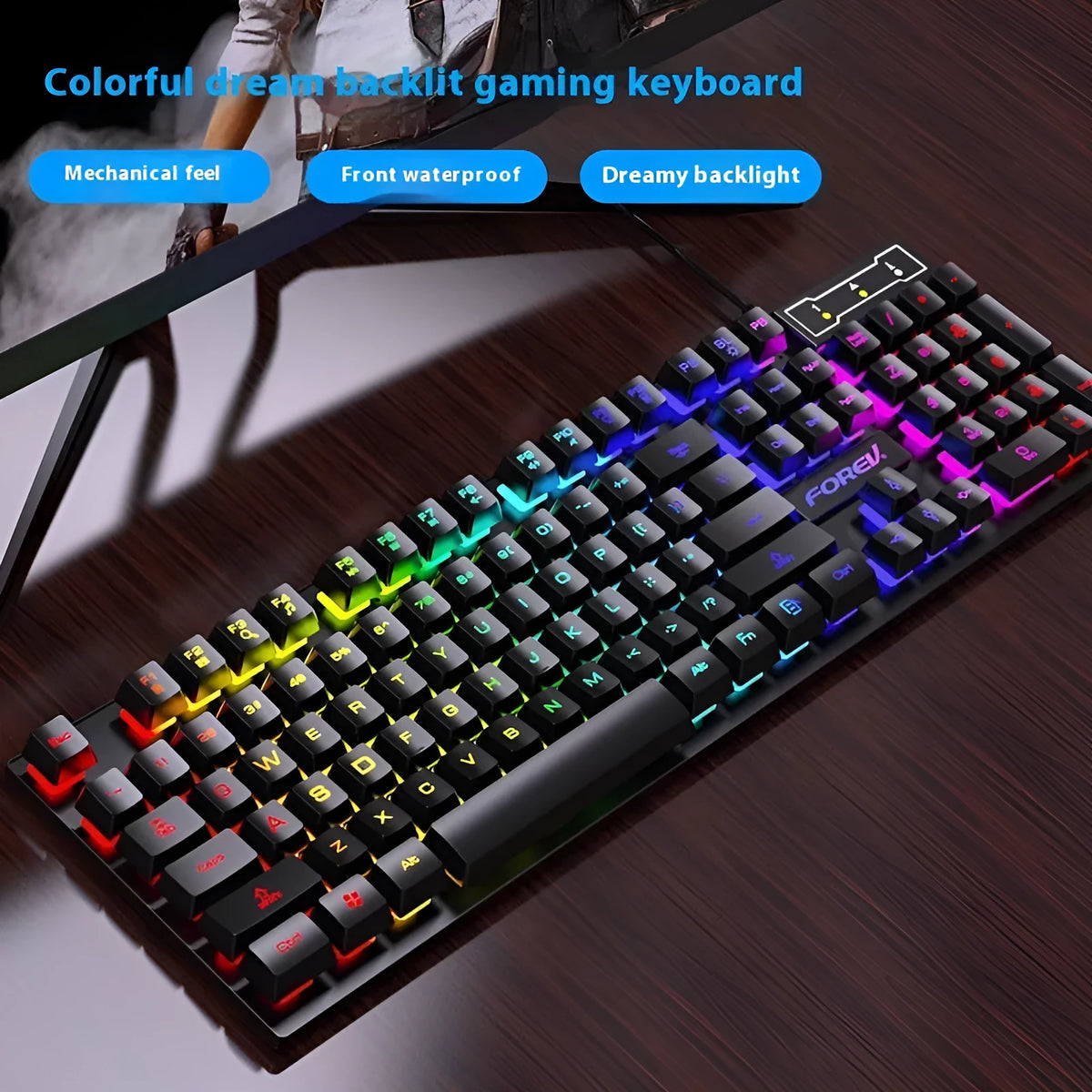 Black 104-key backlight gaming keyboard and mouse set with 37.5cm width and ABS construction