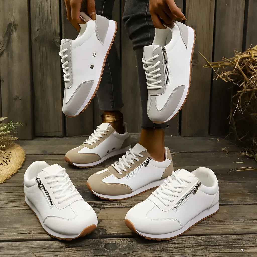 Women's flat-heeled casual shoes in grey, white or champagne with artificial PU upper and rubber sole