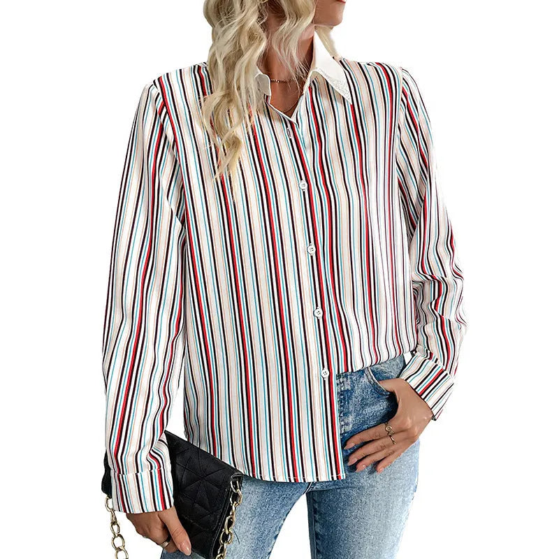 Wine red striped lapel shirt for women with long sleeves and loose fit, full elastic force fabric