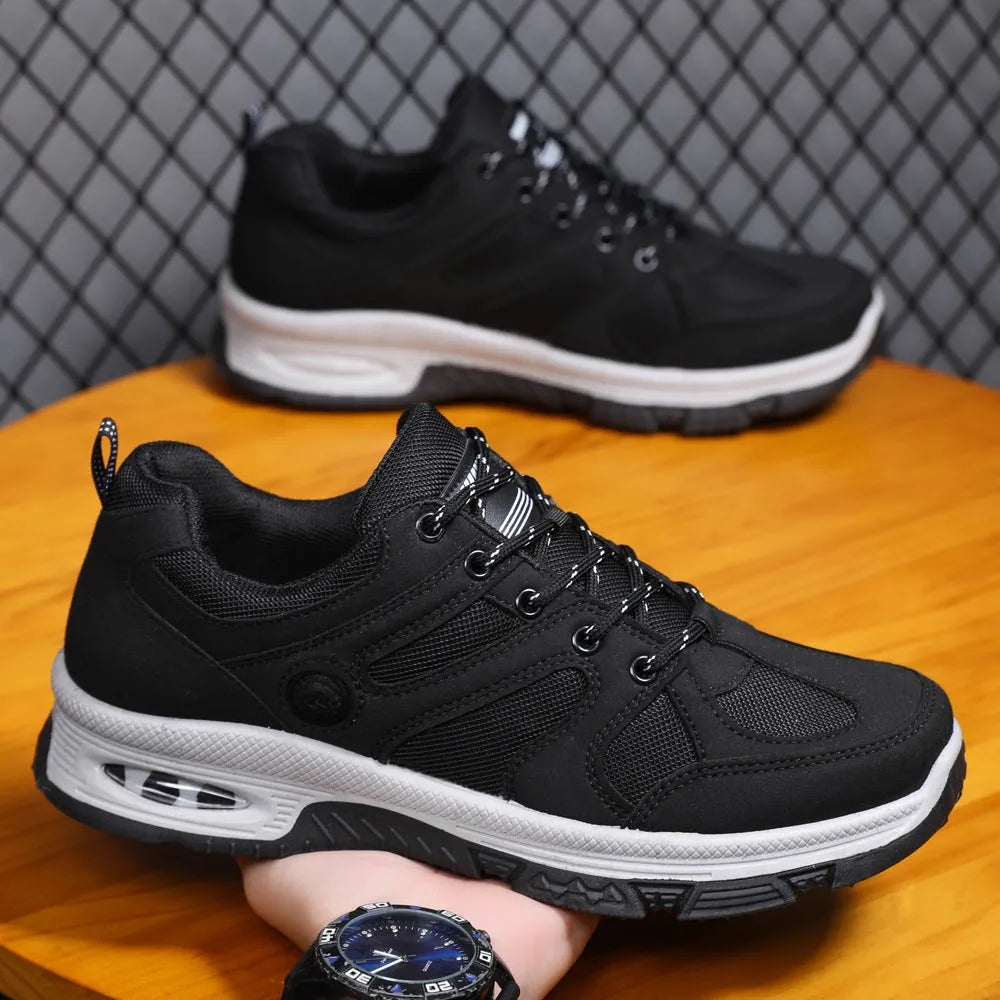 Men's breathable mesh trainers with EVA sole, colourblocking upper, round toe, elastic lace-up, in black camel or grey