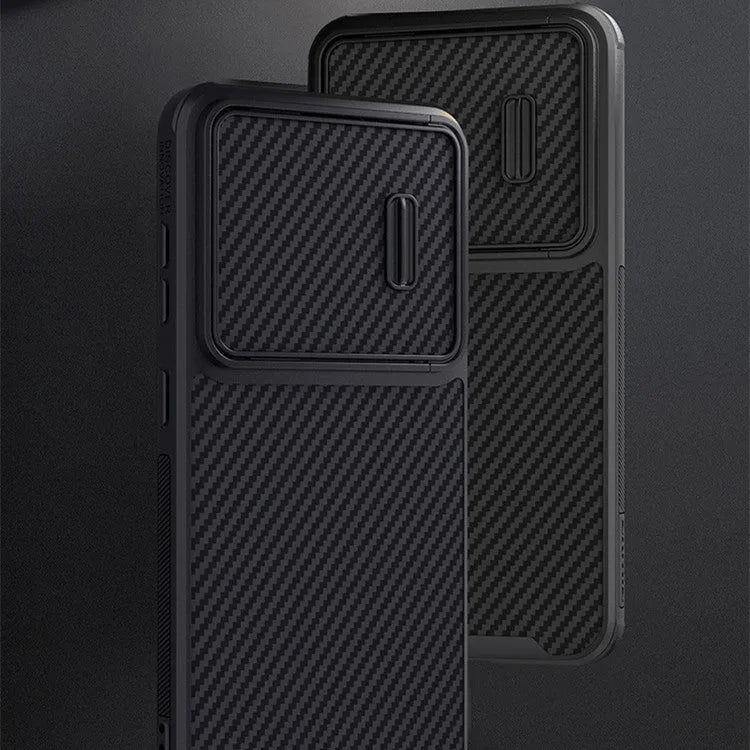 Black Samsung Galaxy S23 Ultra phone case with a sliding lens cover over the camera module.