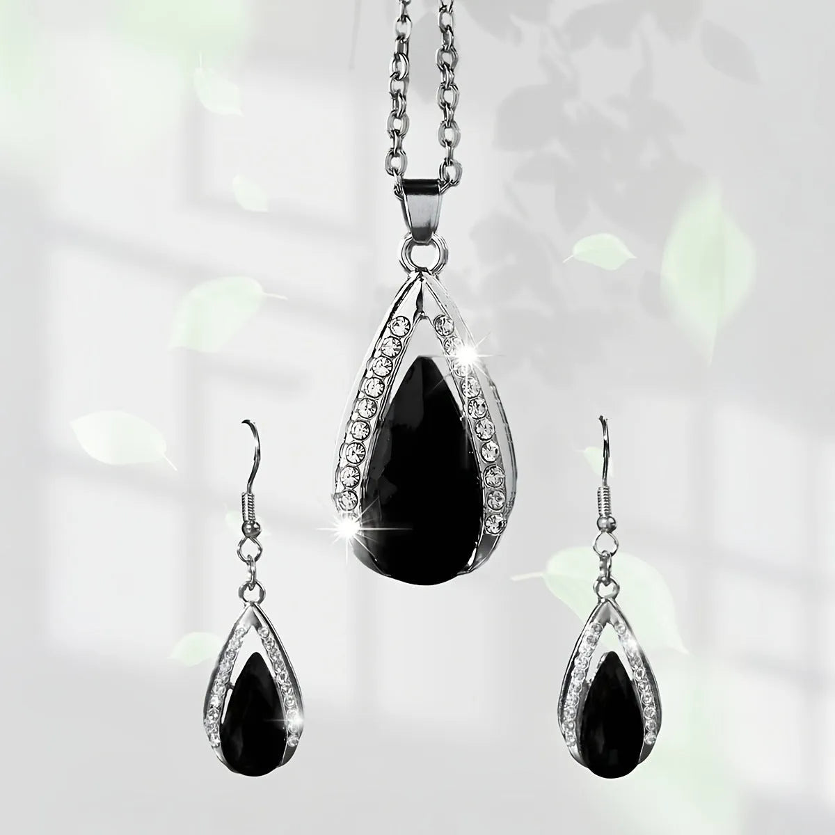 Black and red teardrop shaped glass pendant necklace and matching earrings alloy jewellery set