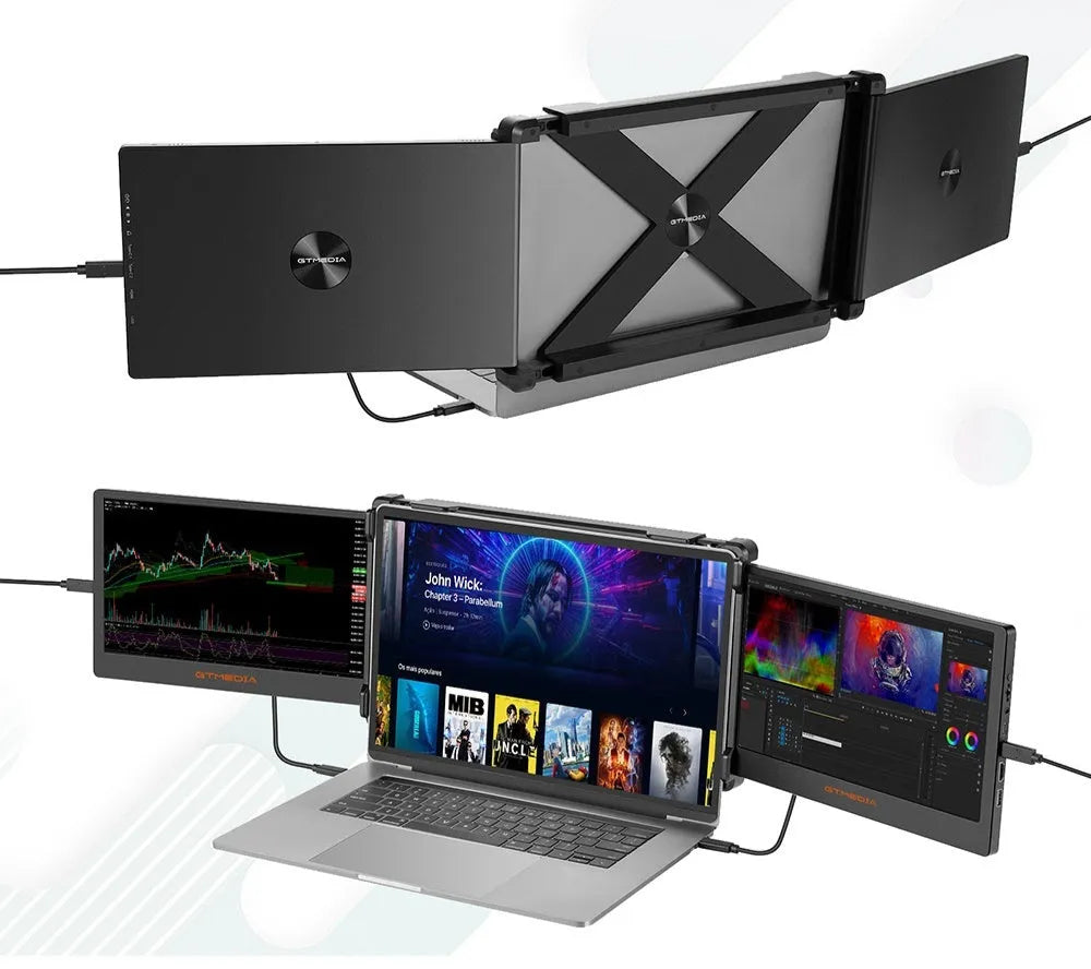 Portable black display screen with HDMI and Type-C cables for mobile phone and laptop use