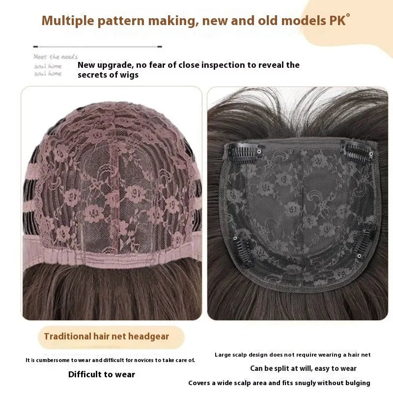 Full-head synthetic wig with integrated hair net in long straight high-layered style