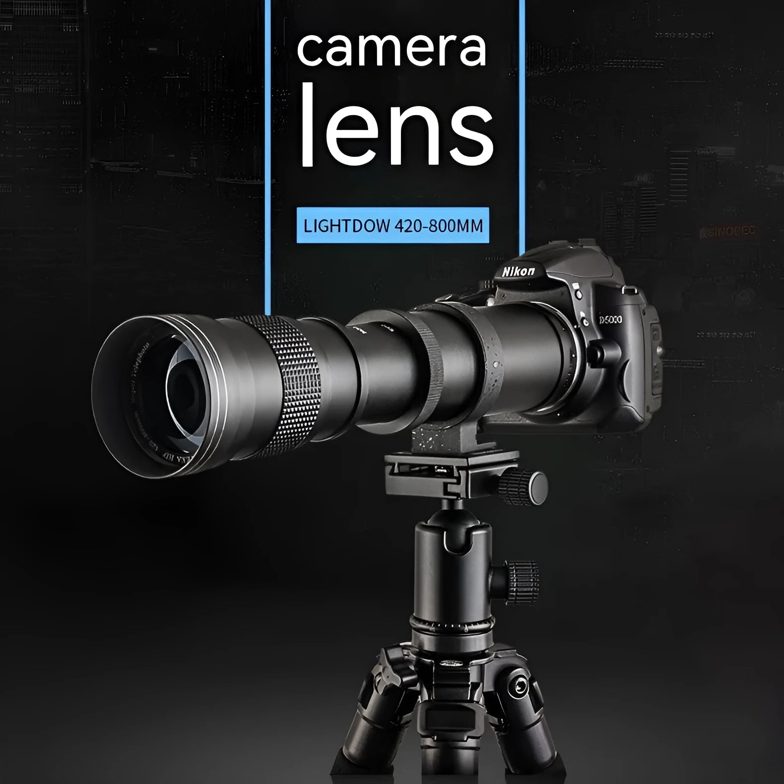 Manual 420-800mm telephoto zoom lens adapter with extended barrel and T-port ring.
