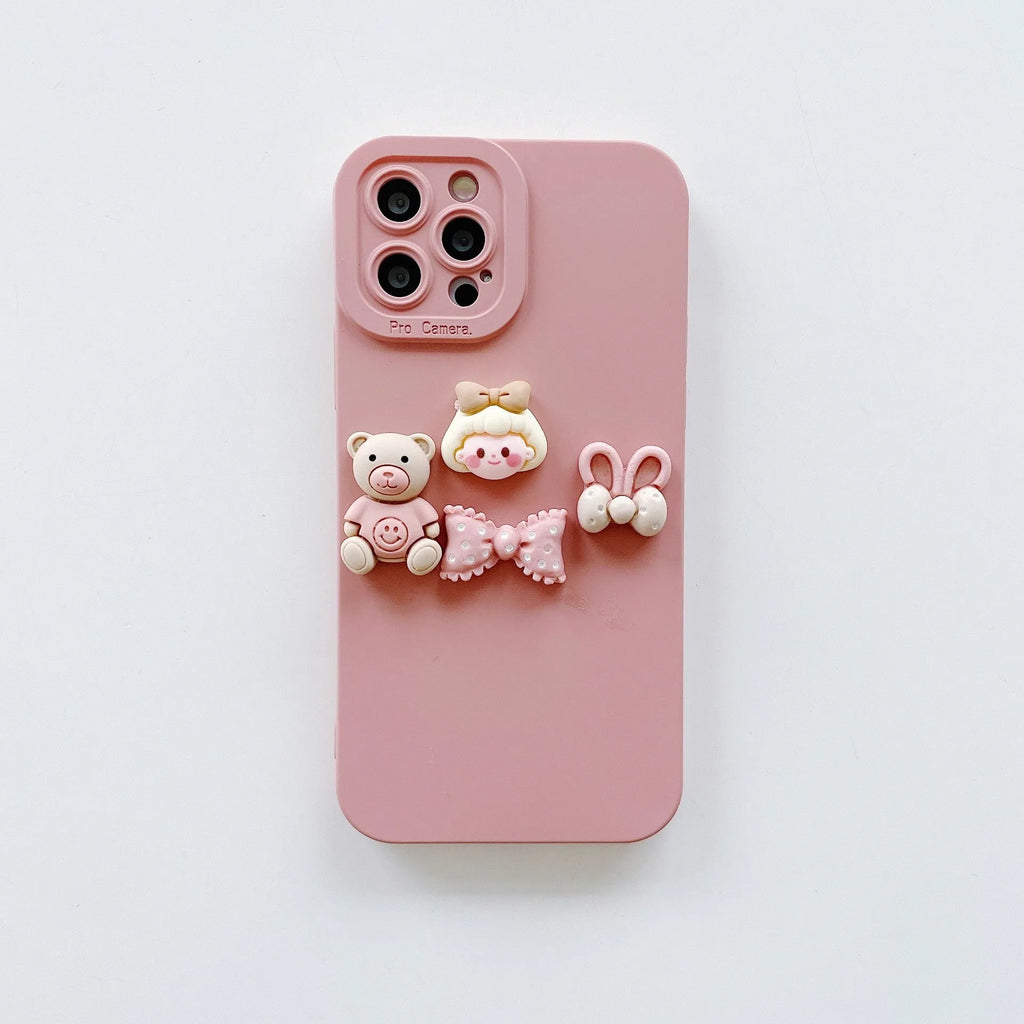 Women's decorative iPhone case with a raised 3D doll bear design in TPU material, shown in Butterfly Bear and Girl Bow colours.