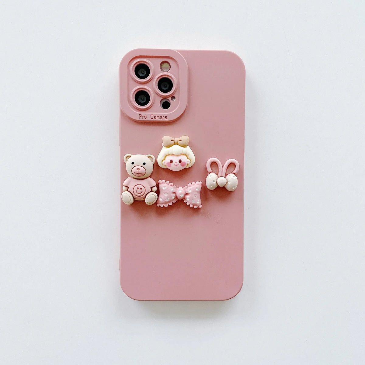 Women's decorative iPhone case with a raised 3D doll bear design in TPU material, shown in Butterfly Bear and Girl Bow colours.