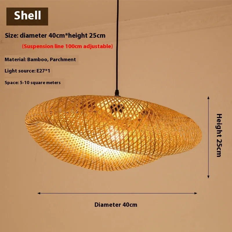 Bamboo chandelier with a large 40cm natural shell shade in a Chinese Zen style