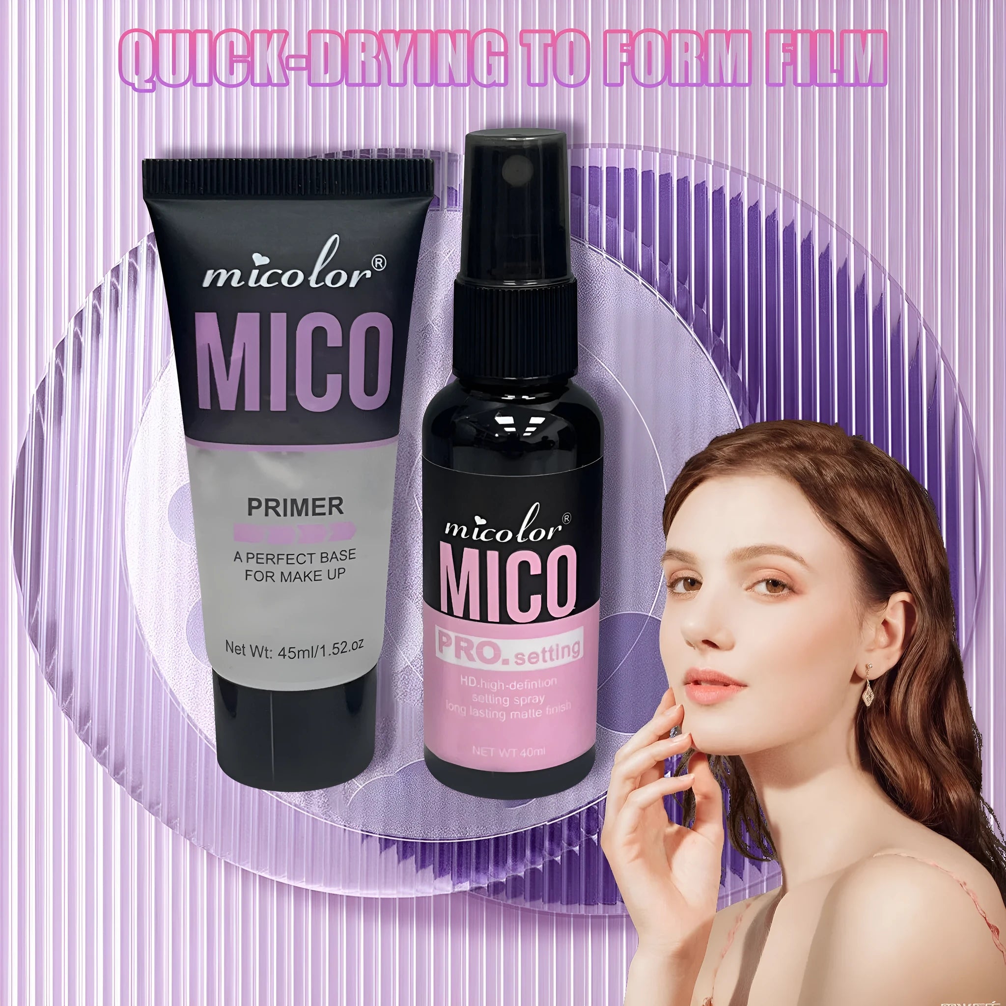 Two-in-one makeup primer and setting spray with 85ml total volume in monochrome packaging