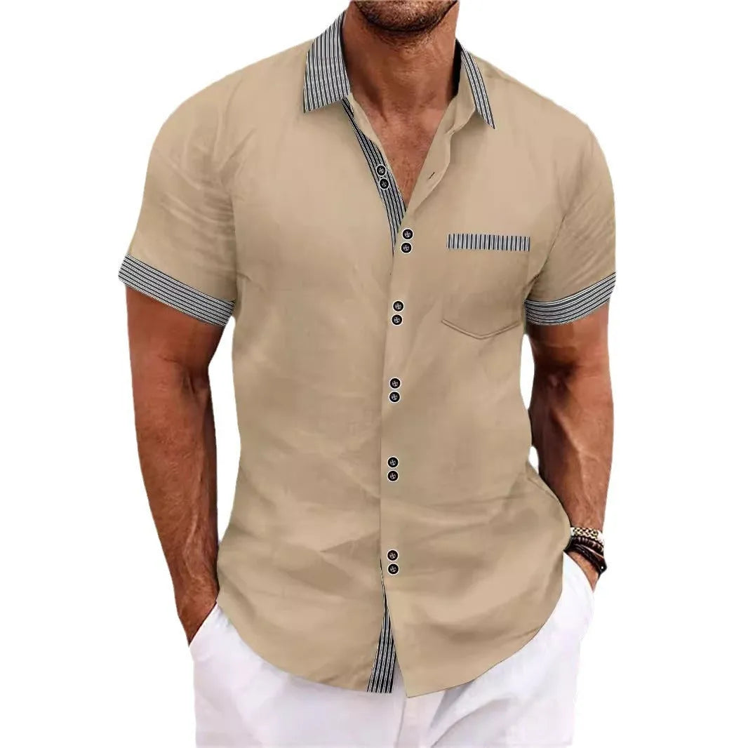 Men's slim fit striped casual shirt in pure cotton, short sleeve with double button detail.