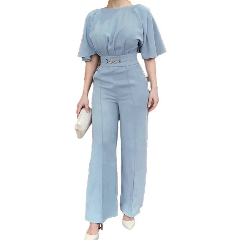 Men's blue two-piece polyester casual suit with long sleeve jacket and trousers