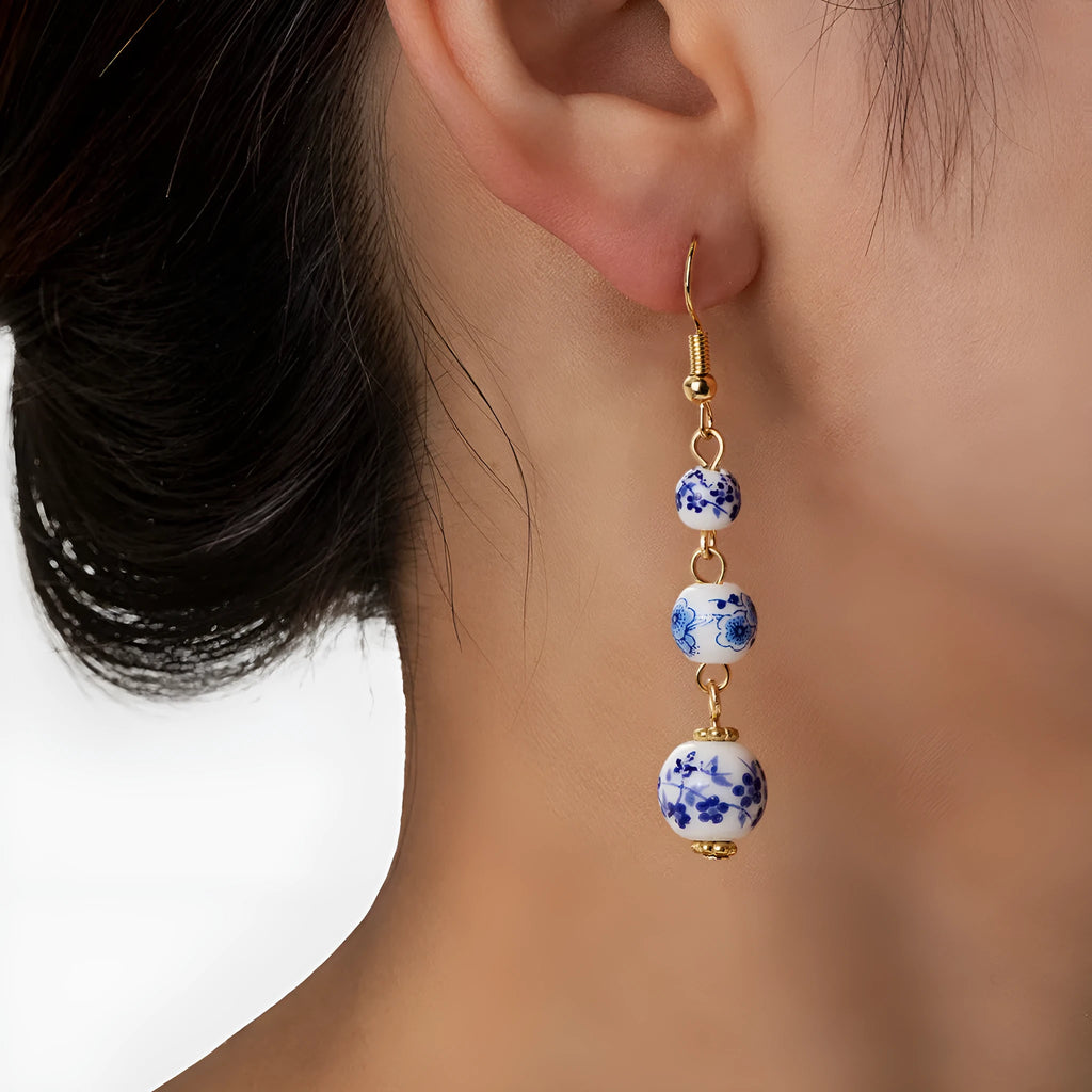 Blue and white porcelain ceramic bead geometric retro earrings with alloy electroplated finish