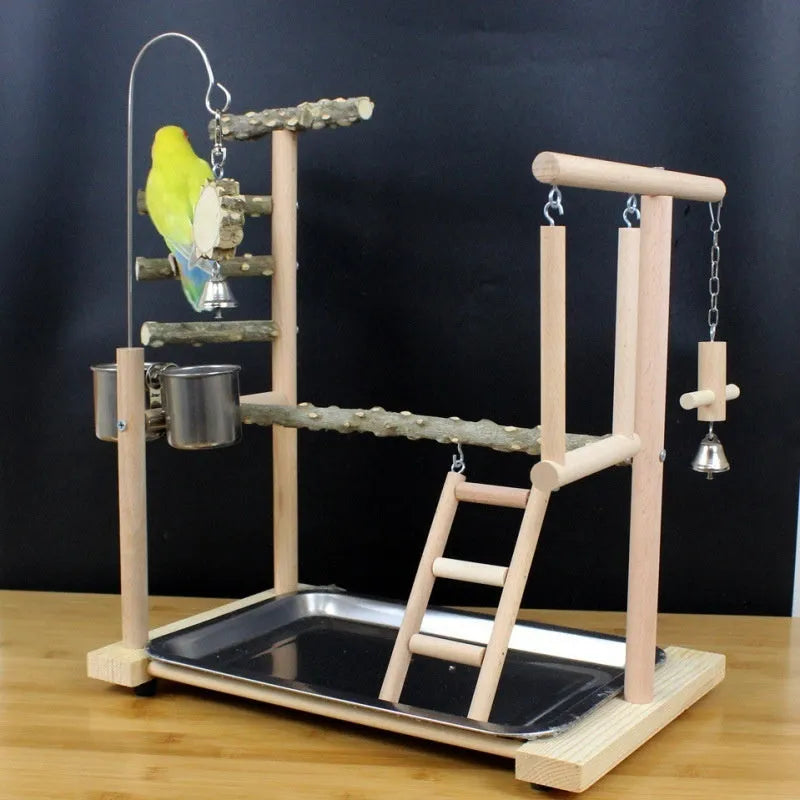 Parrot play stand with Pepper Wood pole and multiple metal platforms.