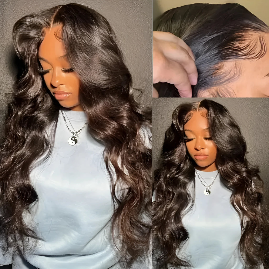 Women's front lace curly wig with side bangs in dark brown synthetic fibre